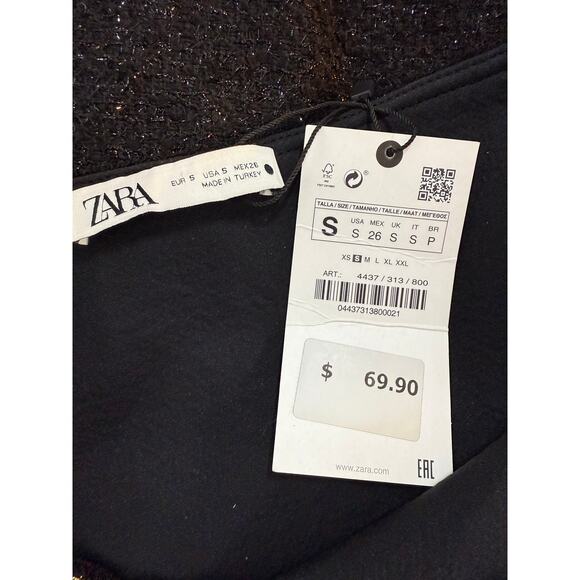 NWT Zara Black w/ Gold Detail Glittery Asymmetric One Shoulder Mini Dress Size S - Picture 7 of 9